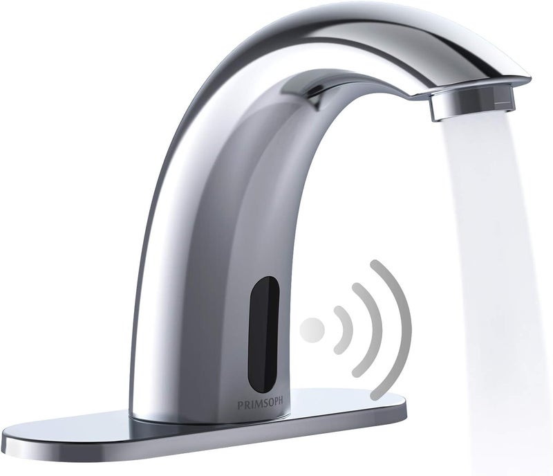 PRIMSOPH Automatic Motion Sensor Hands Free Electronic Infrared Smart Commercial Touchless Bathroom Sink Faucet with Cover Plate Temperature Mixer Battery or Plug-in Powered Chrome - Image 1